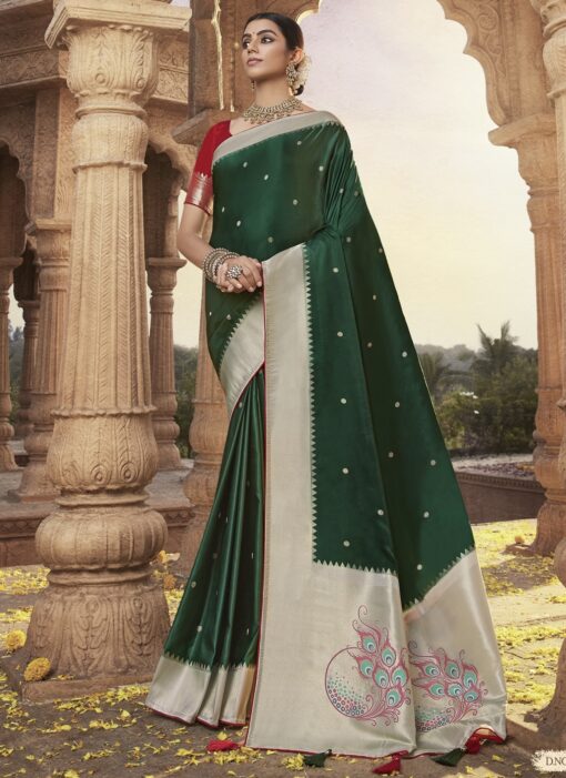 Dark Green Traditional Soft Satin Silk Saree