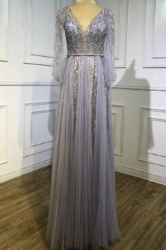 Grey Luxury A-Line Diamond Beaded Evening Dress