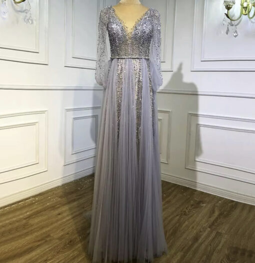 Grey Luxury A-Line Diamond Beaded Evening Dress