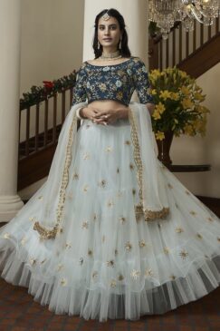 Sky Blue Embroidered Net Party Wear Lehenga Choli