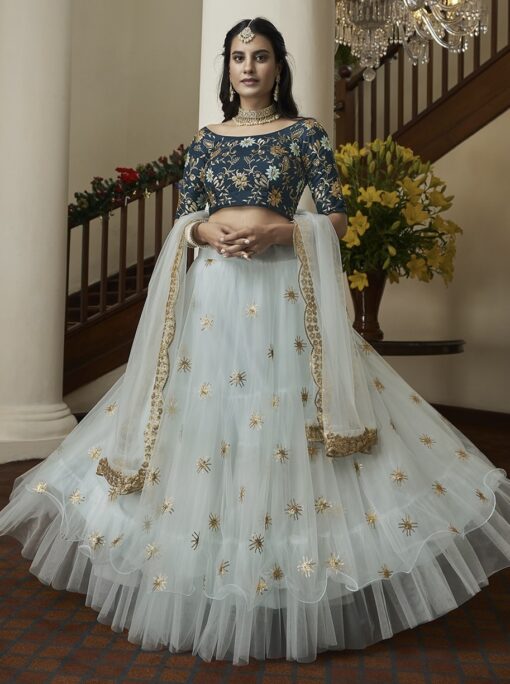Sky Blue Embroidered Net Party Wear Lehenga Choli