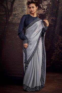 Grey Blue Fancy Fabric Embroidered Wedding Saree