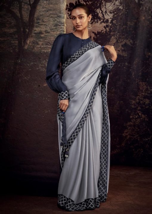 Grey Blue Fancy Fabric Embroidered Wedding Saree