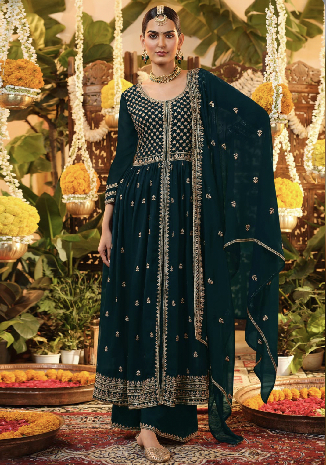 Dark Green Front Slit Embroidered Anarkali Palazzo Pant Suit Salwar