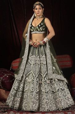 Mehendi Velvet Zari Embroidered Bridal Lehenga Choli