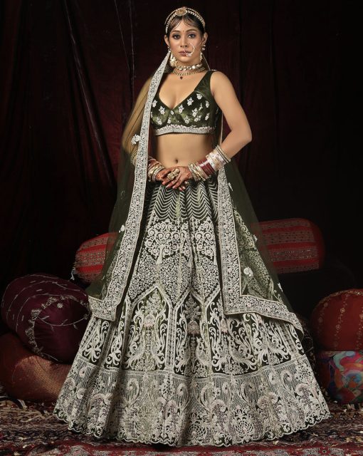 Mehendi Velvet Zari Embroidered Bridal Lehenga Choli