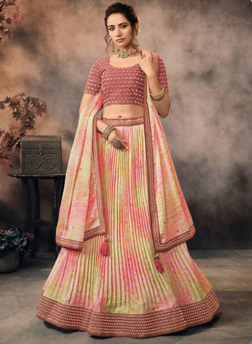 Multicoloured Leheriya Umbrella Lehenga Choli
