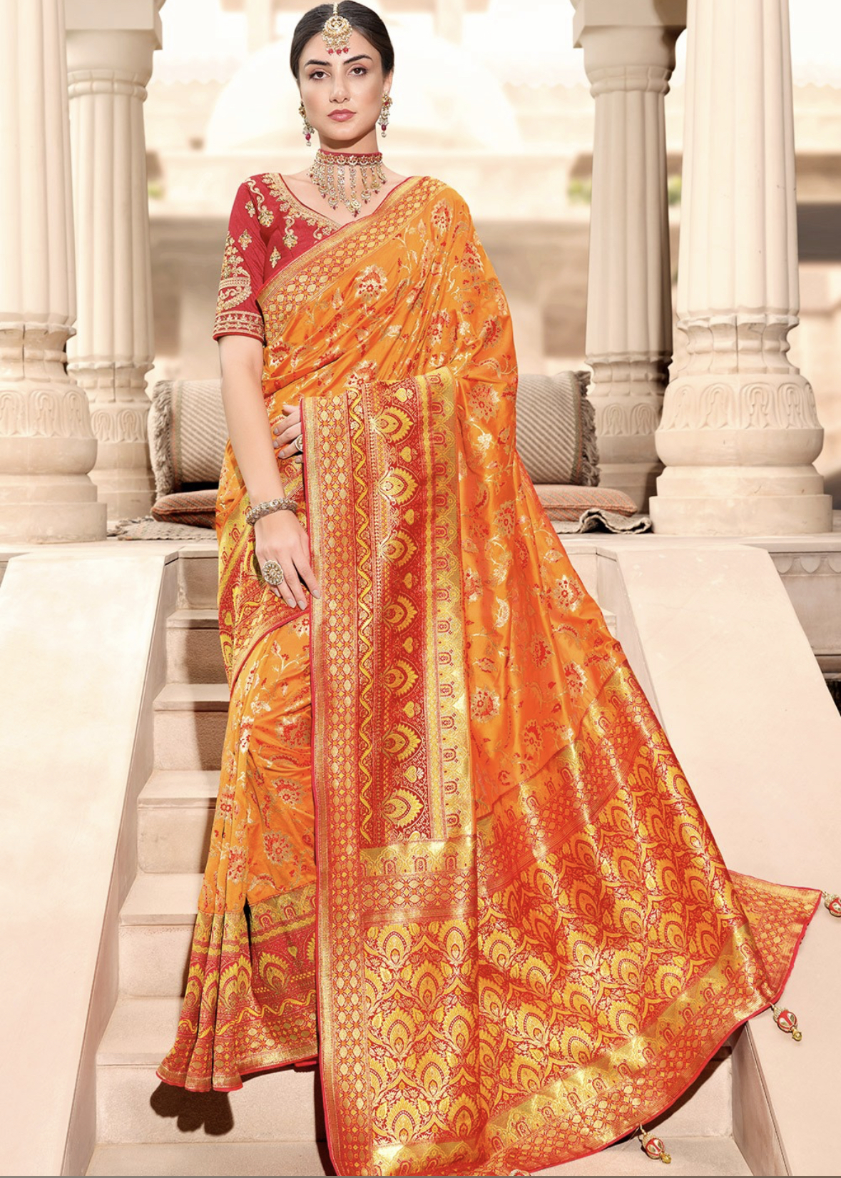 Dazzling Orange And Red Silk Saree Online | Bagtesh Fashion