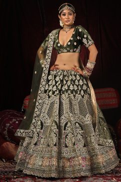 Mehendi Velvet Embroidered Bridal Lehenga Choli
