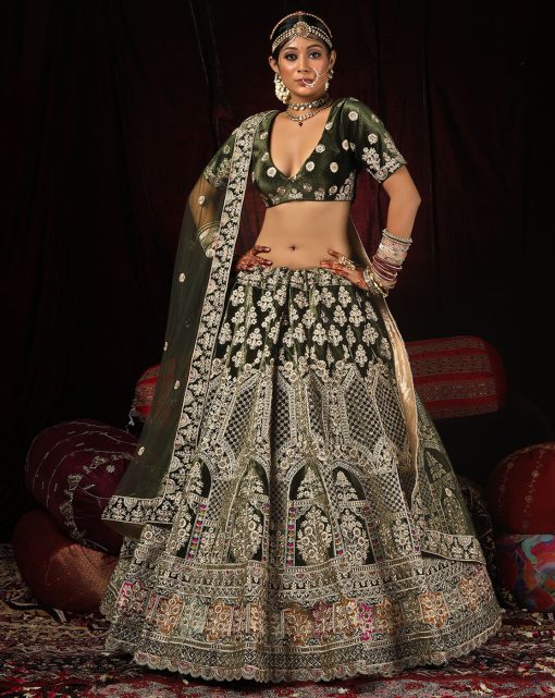 Mehendi Velvet Embroidered Bridal Lehenga Choli