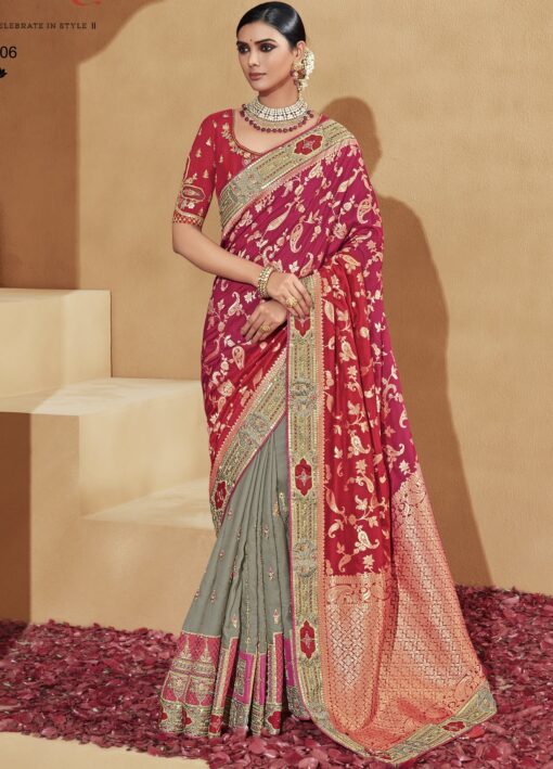 Pink & Grey Banarasi Silk Embroidered Wedding Saree