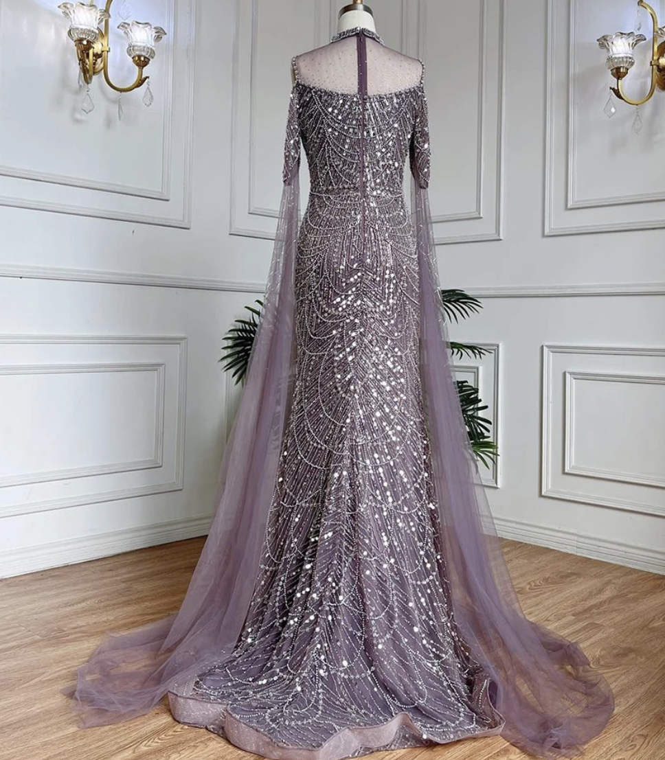High Neck Cape Sleeve Heavily Beaded Evening Dress Evening