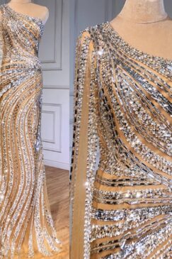 Heavily Embellished One Shoulder Drape Evening Dress