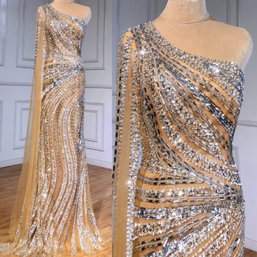 Heavily Embellished One Shoulder Drape Evening Dress