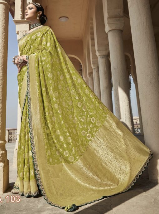 Light Green Dola Silk Embroidered Wedding Saree