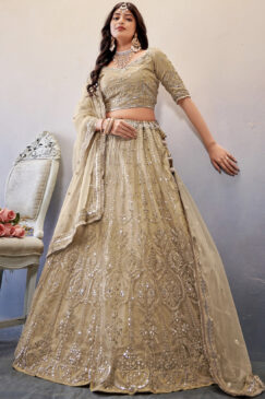 Beige Yellow Embroidered Net Lehenga Choli