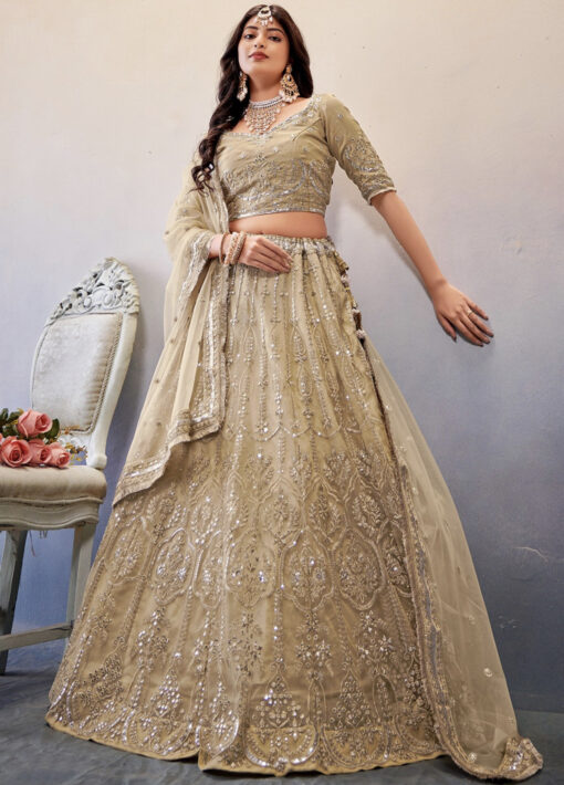 Beige Yellow Embroidered Net Lehenga Choli