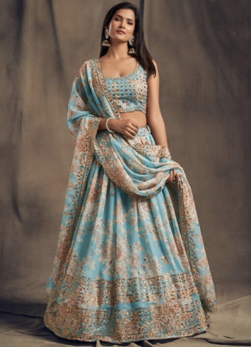 Sky Blue Organza Sangeet Lehenga Choli