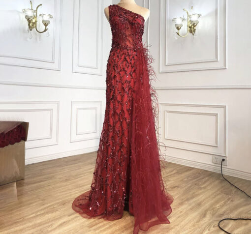 Feathered One Shoulder Beaded Evening Gown