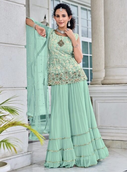 Mint Green Short Top Embroidered Sharara Suit