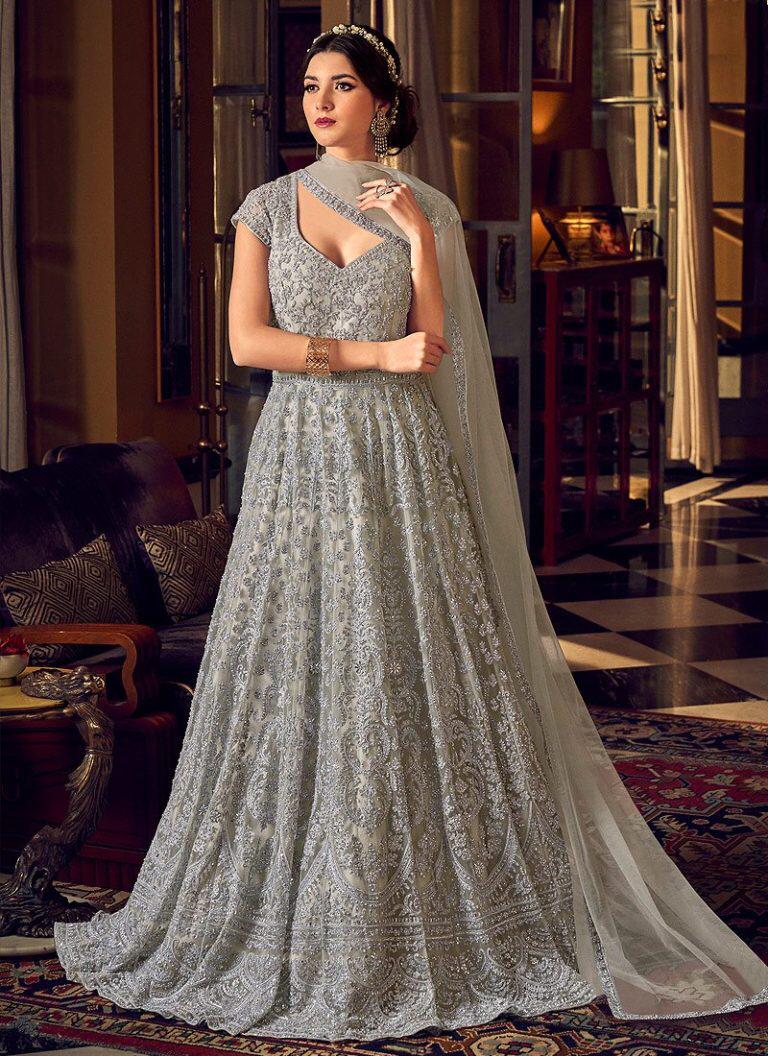 Light Grey Embroidered Anarkali Suit 