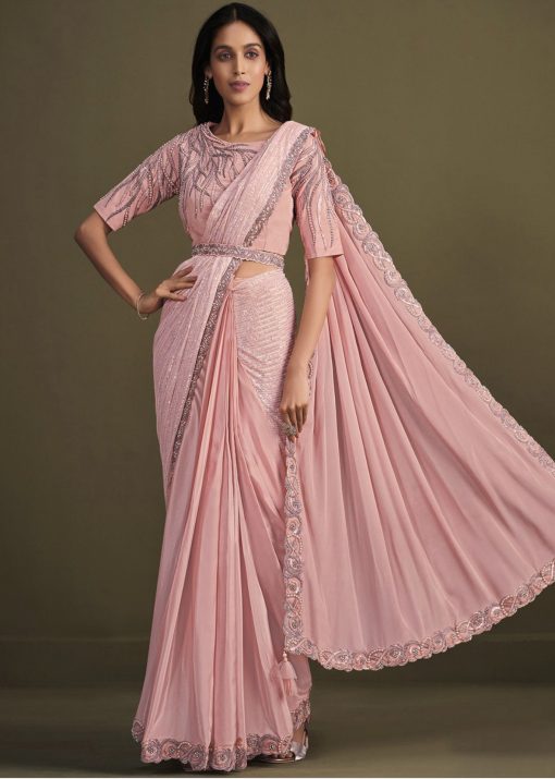 Pink Georgette Pre Pleated Designer Saree