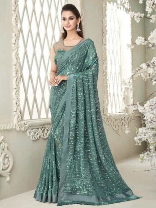 Light Green Fancy Saree With Fringe Detail