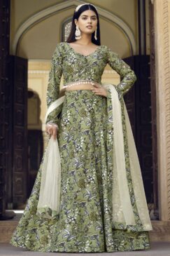 Light Green Crush Silk Floral Print Lehenga Choli