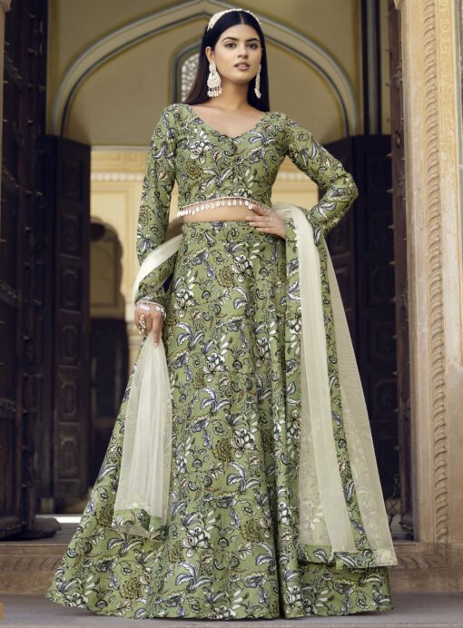 Light Green Crush Silk Floral Print Lehenga Choli