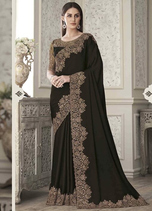 Black Soft Satin Silk Party Wear Saree
