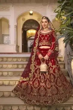 Wedding Culture Lehenga in Velvet Fabric In Red Color
