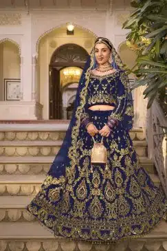 Wedding Culture Lehenga in Velvet Fabric In Blue Color