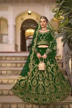 Wedding Culture Lehenga in Velvet Fabric In green Color