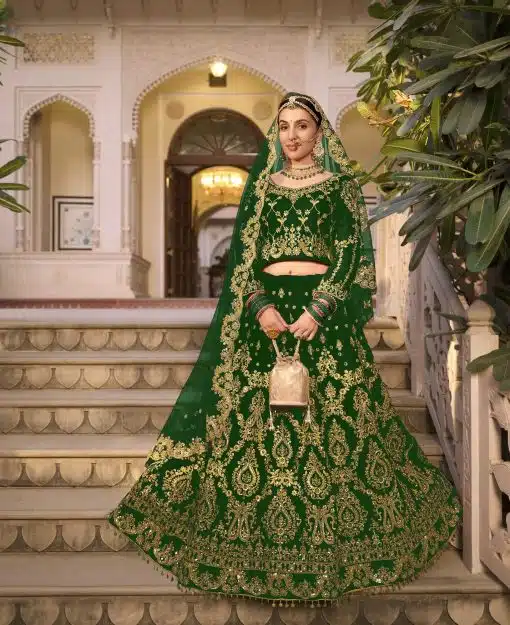 Wedding Culture Lehenga in Velvet Fabric In green Color