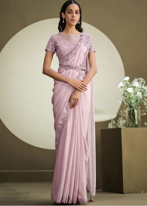 Pink Crepe Silk Pre Pleated Designer Saree