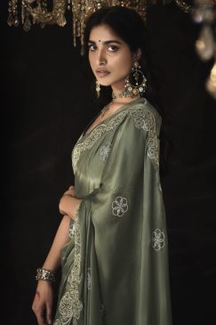 Alternative view of Khaki Fancy Embroidered Wedding Saree