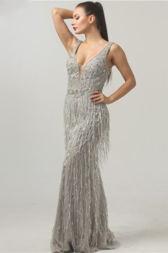 Sheer Grey Sequin Luxury Long Evening Gown