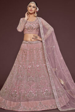 Pearl Pink Net Sangeet Bridal Lehenga Choli
