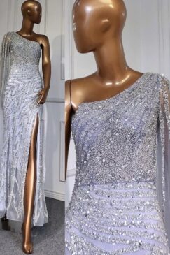 Heavily Embellished One Shoulder Drape Evening Dress