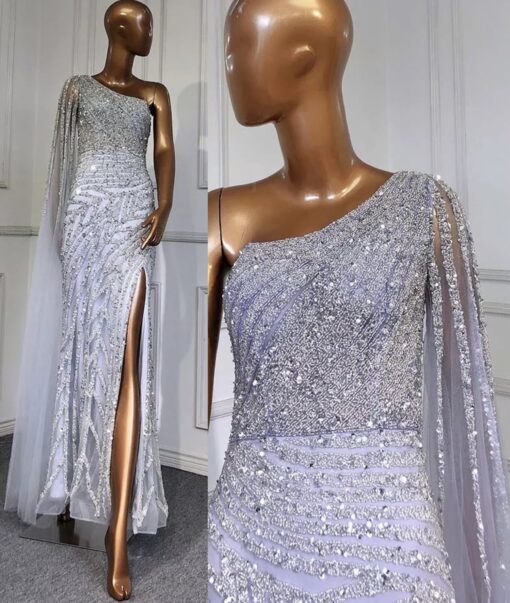Heavily Embellished One Shoulder Drape Evening Dress