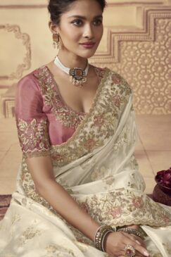 Alternative view of White Fancy Silk Wedding Party Wear Saree