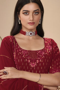 Alternative view of Maroon Anarkali Style Embroidered Palazzo Suit