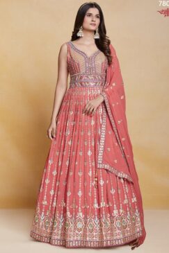 Coral Georgette Embroidered Anarkali Suit