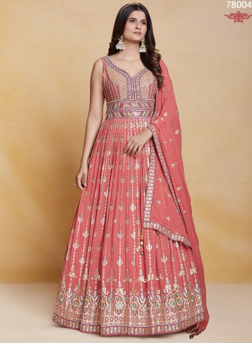 Coral Georgette Embroidered Anarkali Suit