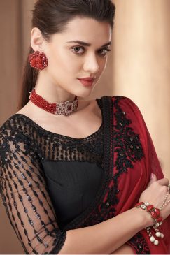 Alternative view of Red Embroidered Border Party Wear Saree