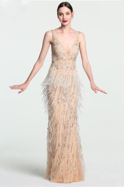 Sheer Peach Nude Sequin Luxury Long Evening Gown
