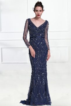 Alternative view of Sheer Navy Blue Sequin Luxury Long Evening Gown