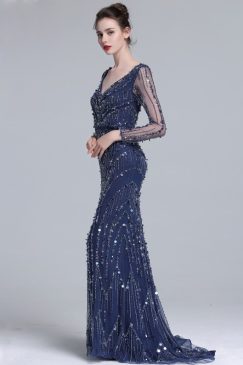 Sheer Navy Blue Sequin Luxury Long Evening Gown