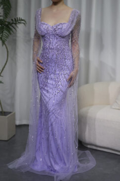 Luxury Cape Sleeve Crystal Embellished Evening Gown