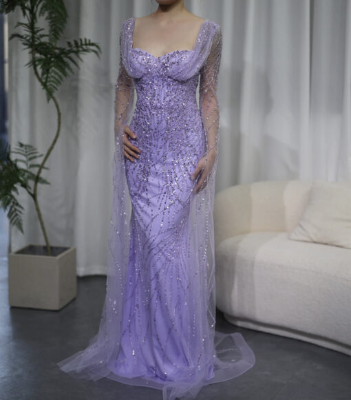 Luxury Cape Sleeve Crystal Embellished Evening Gown